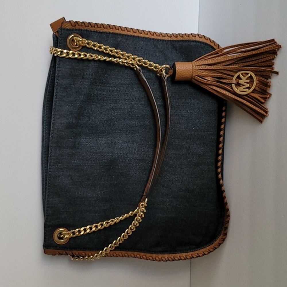 MICHAEL KORS Whipped Chelsea Denim Brown Tassel Gold Chain Large Shoulde…